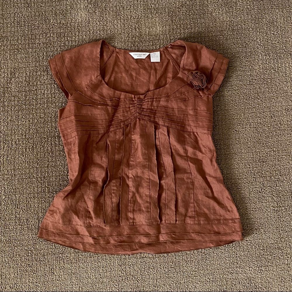 Vintage 100% linen brown babydoll rosette top